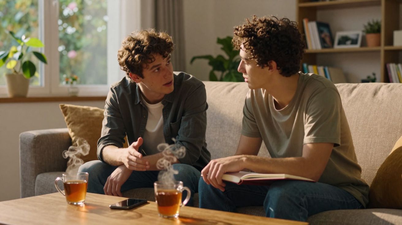 Dois jovens conversam no sofá com livros e chá quente sobre a mesa de madeira na sala iluminada.