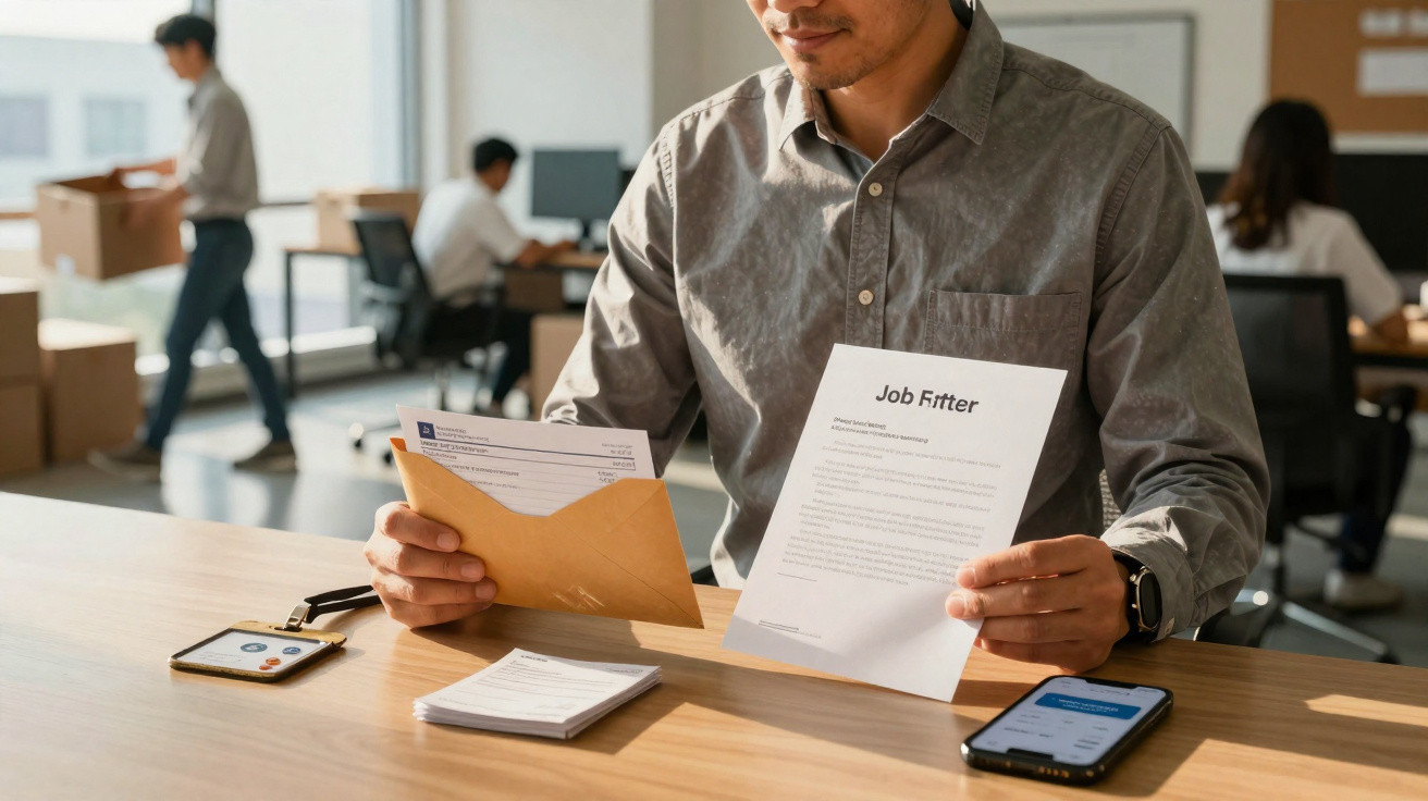 Homem em escritório abrindo envelope com currículo e analisando documento de candidatura.