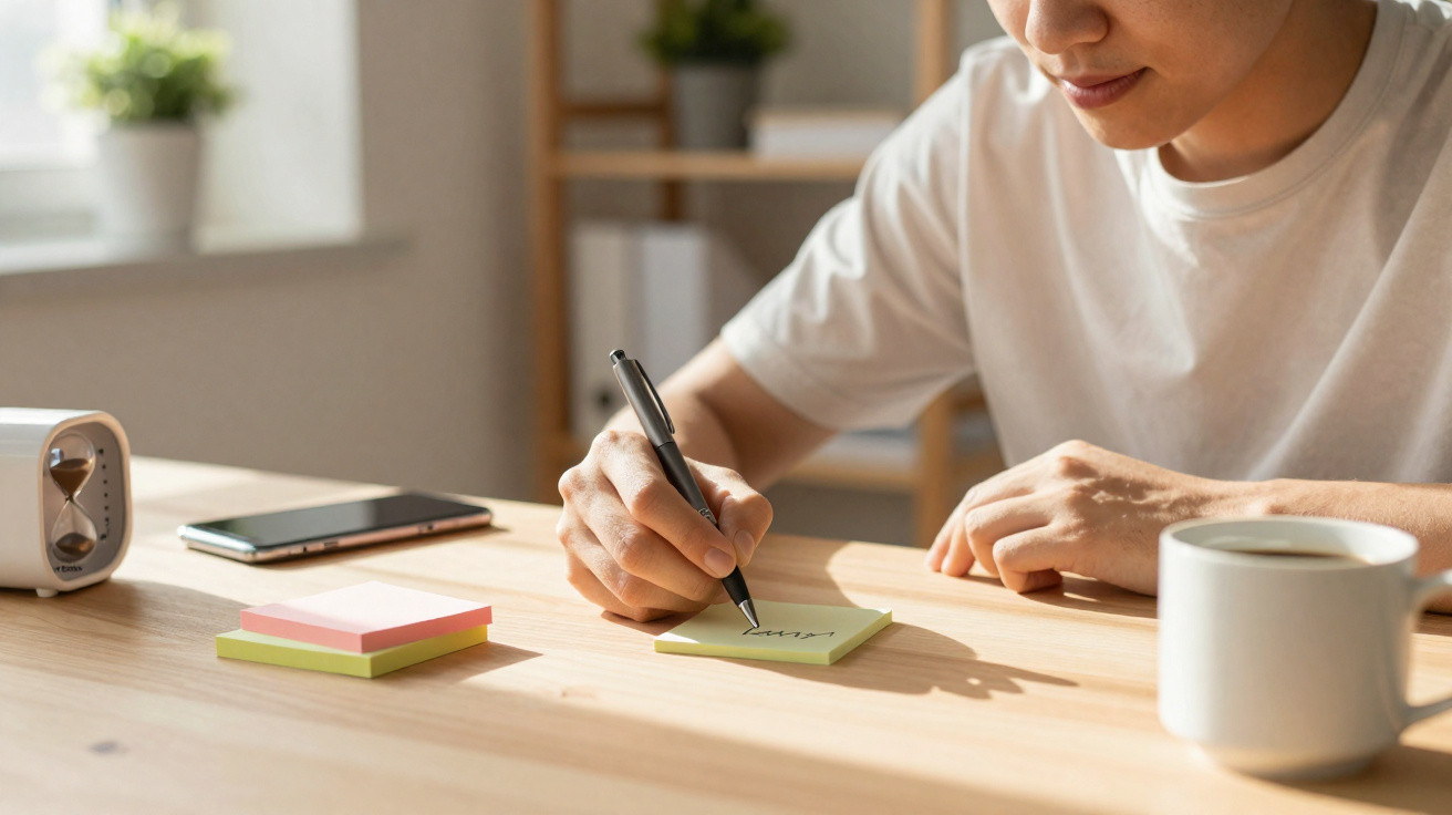 Pessoa escrevendo em bloco de notas adesivas em mesa com café, celular e relógio de areia.