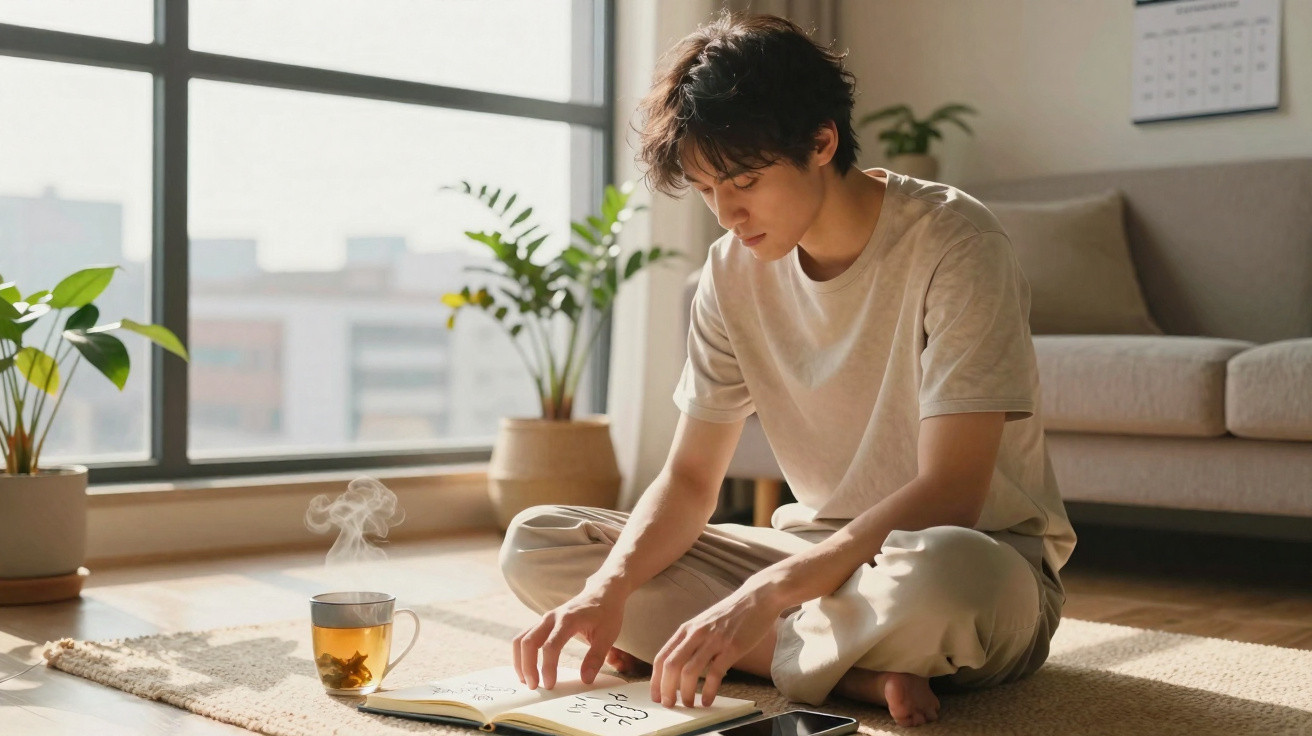Jovem sentado no chão lendo um livro, com chá quente ao lado em ambiente iluminado e plantas ao fundo.