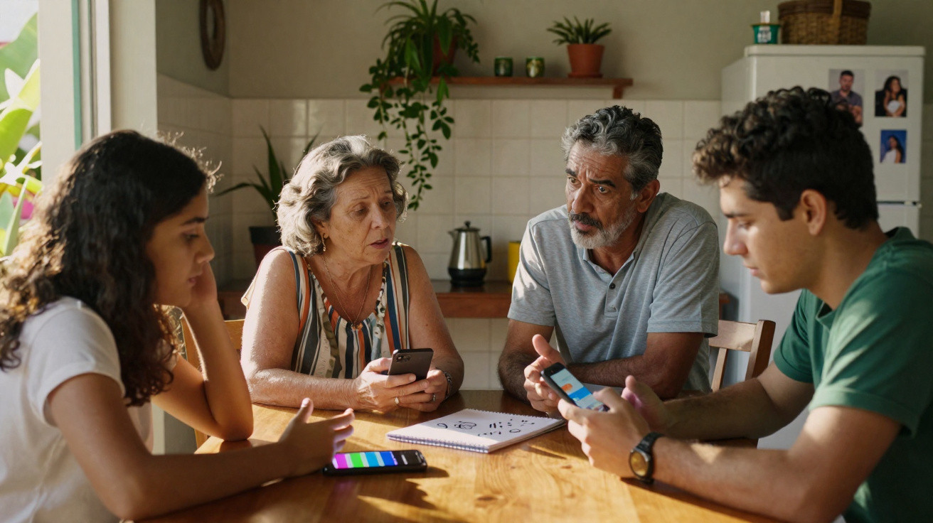 Família de quatro pessoas sentada à mesa, cada um usando um smartphone, em ambiente de cozinha.