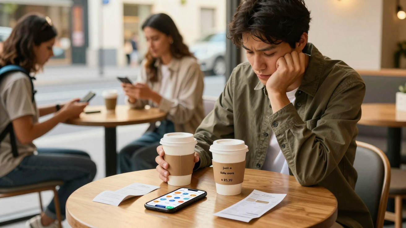 Jovem pensativo segurando copo de café em mesa de cafeteria com celular e recibos.
