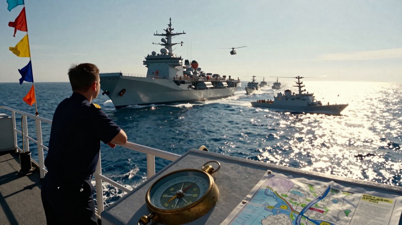 Marinheiro observa esquadrão de navios de guerra e helicóptero no mar em dia ensolarado.