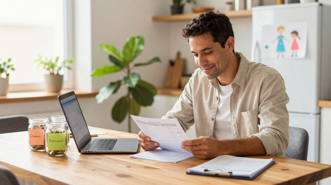 Homem sentado à mesa em casa analisando documentos com laptop e potes de vidro rotulados "Dreams" e "Retirement".