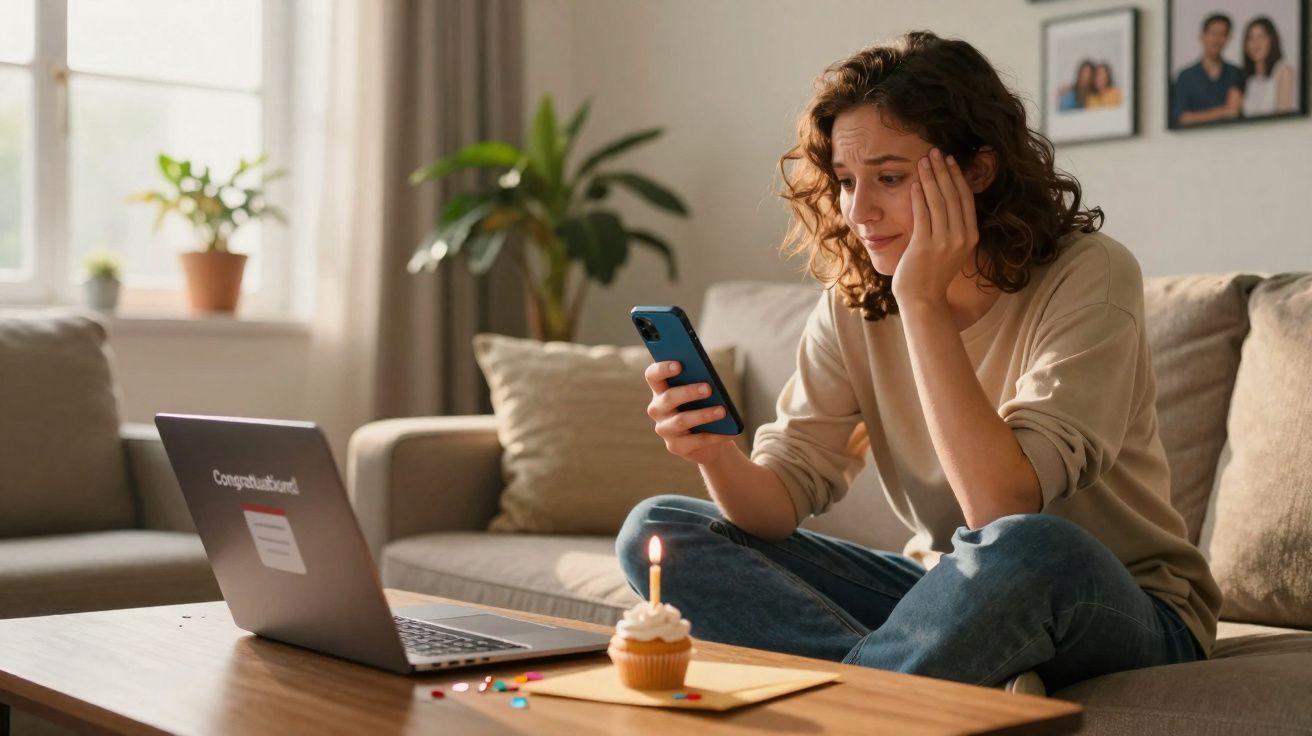 Mulher triste olhando para o celular, sentada no sofá com cupcake de aniversário e laptop à sua frente.