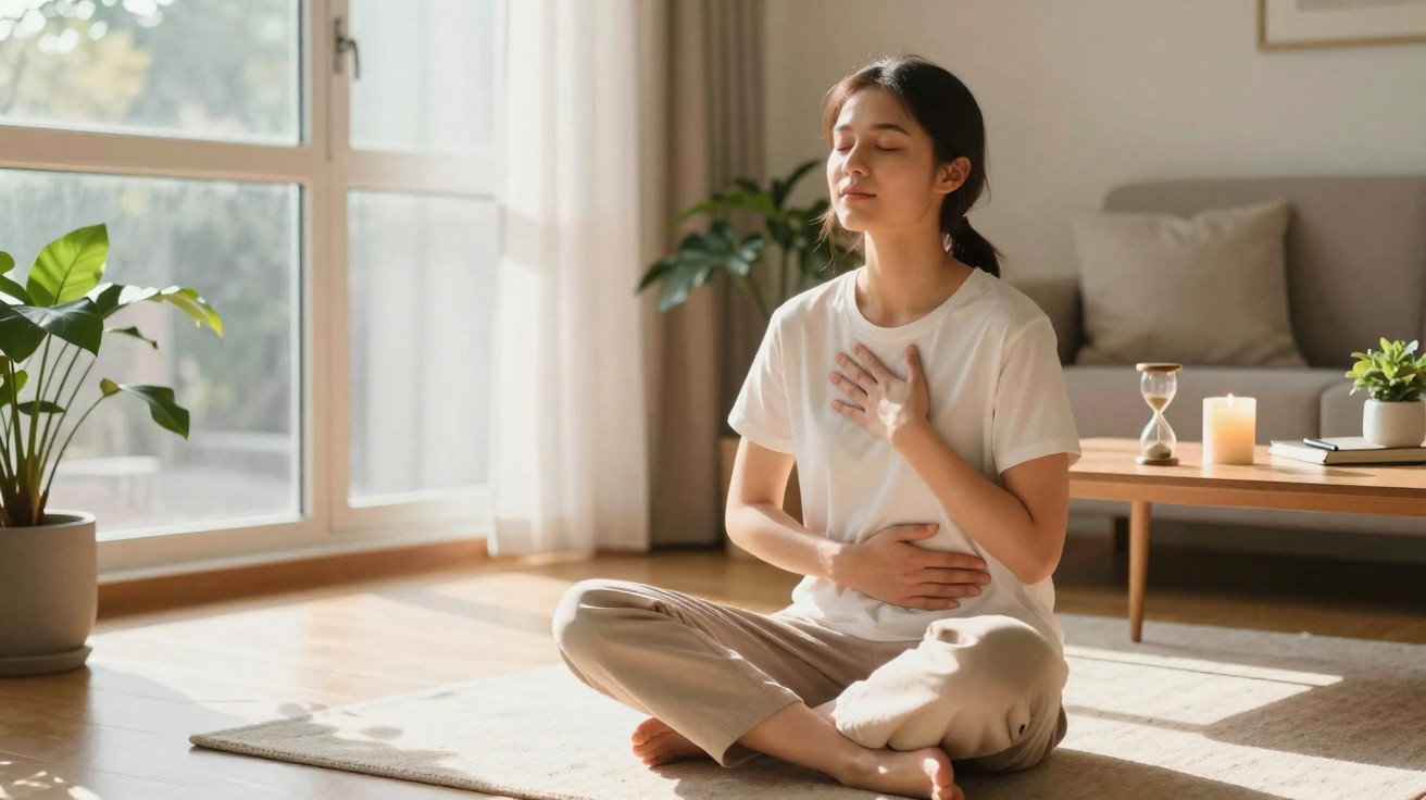 Mulher meditando sentada no chão, de olhos fechados, em sala iluminada e com plantas ao fundo.