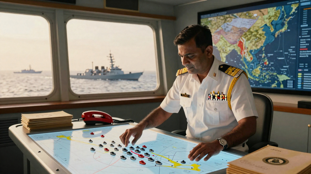 Oficial naval em uniforme branco planeja estratégias em mesa digital interativa com mapas e navios ao fundo no mar.