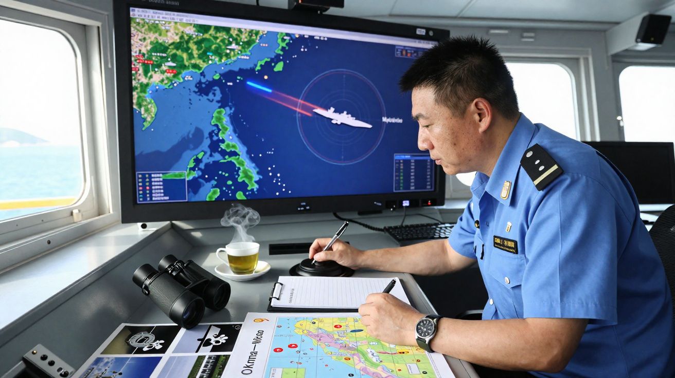 Homem fardado monitora mapa naval em tela grande enquanto faz anotações em área de controle marítimo.
