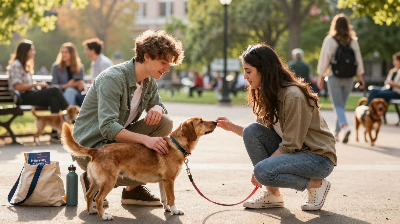 Jovens acariciando cachorro em parque ensolarado com outras pessoas e cães ao fundo.