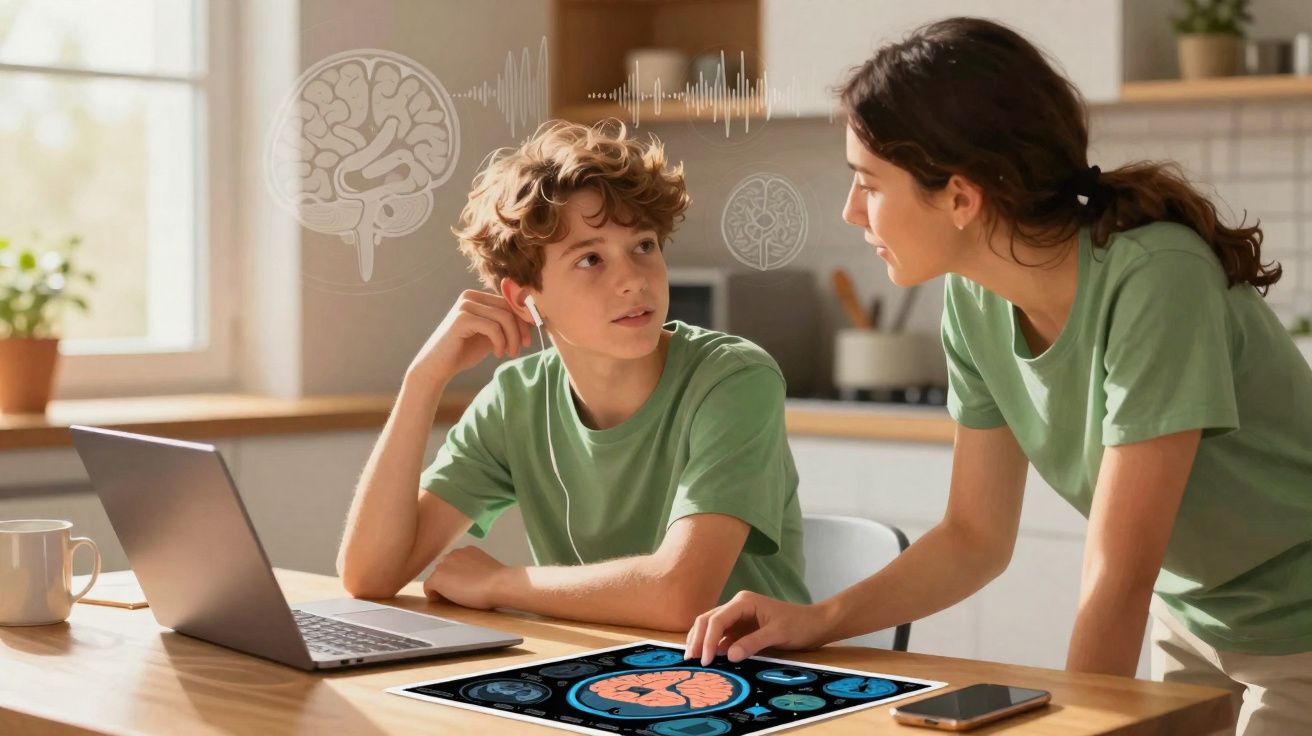 Menino e mulher conversando em cozinha, com laptop e imagens de cérebro e ondas sonoras na mesa.