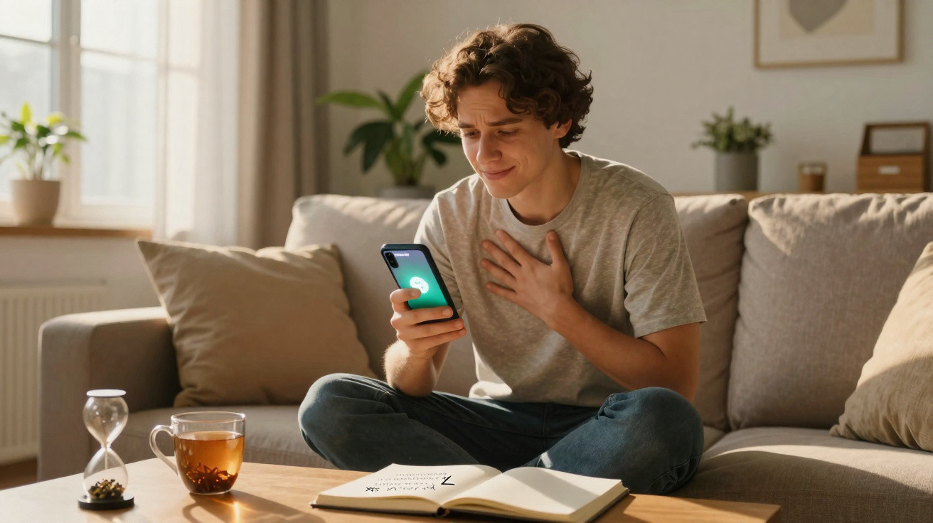 Jovem sentado no sofá olhando para celular com expressão emocionada, livro aberto e xícara de chá na mesa.