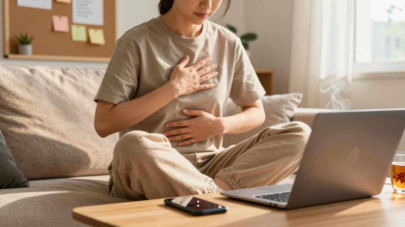 Mulher sentada no sofá com mãos no peito e barriga, aparentando desconforto, com laptop e celular à frente.