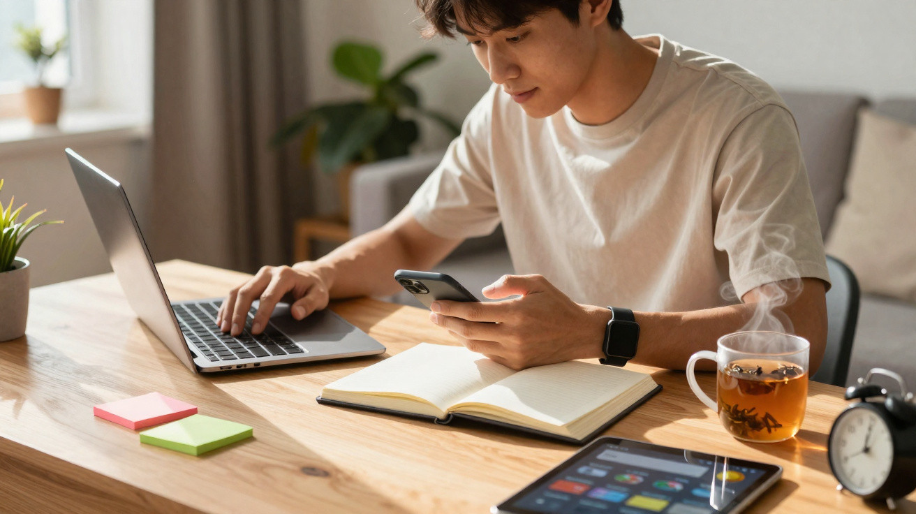 Jovem concentrado usando laptop e celular, com caderno aberto e chá quente em mesa organizada.