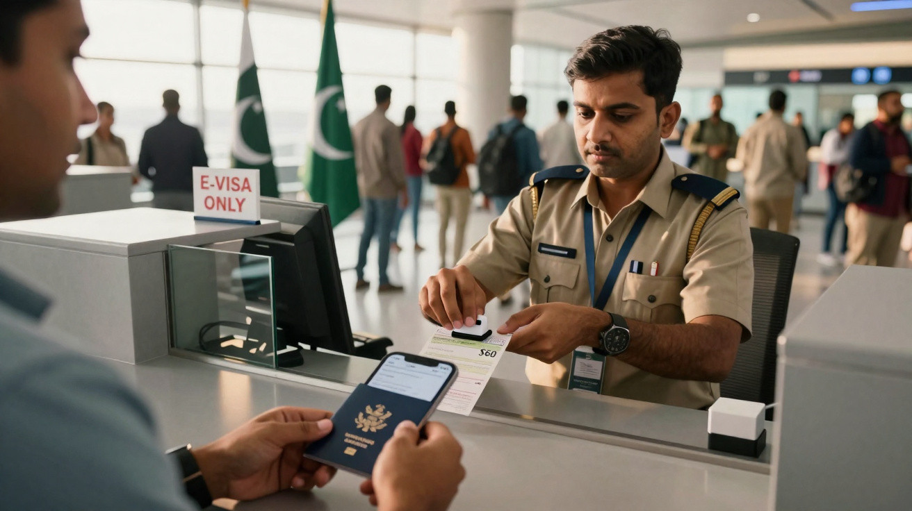 Agente em uniforme verificando passaporte e documentação de viajante em balcão de aeroporto.