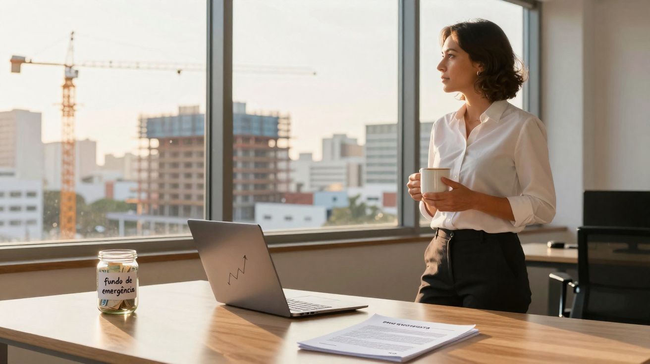 Mulher de negócios segurando caneca e olhando pela janela em escritório com laptop e pote de fundo de emergência.