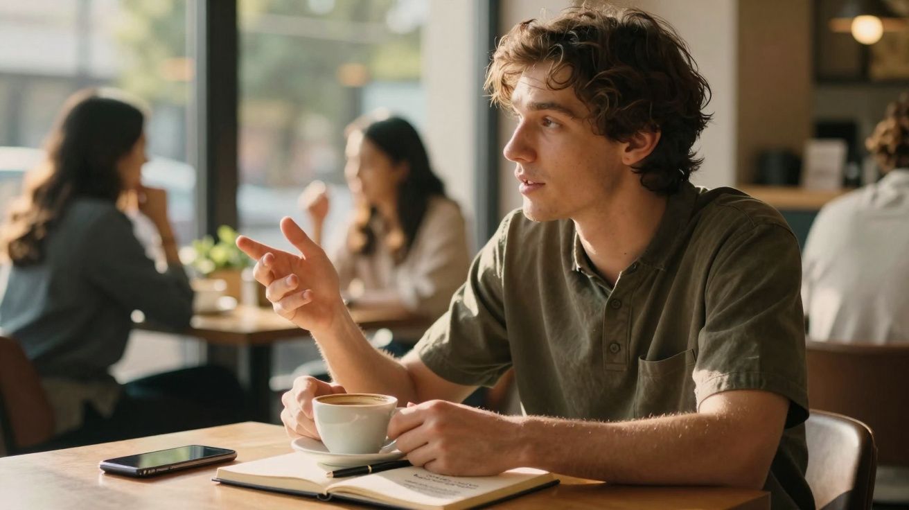 Homem sentado em cafeteria com xícara, notebook aberto e celular, gesticulando enquanto conversa.