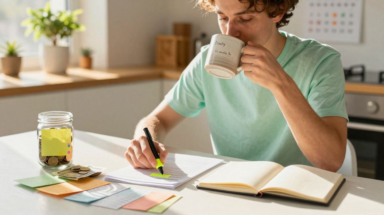 Pessoa bebendo café e fazendo anotações com marcador em mesa com caderno e jarro de moedas.