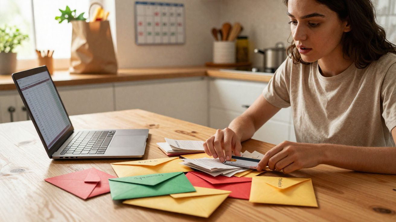 Mulher organizando contas e envelopes coloridos em mesa com laptop aberto em cozinha.