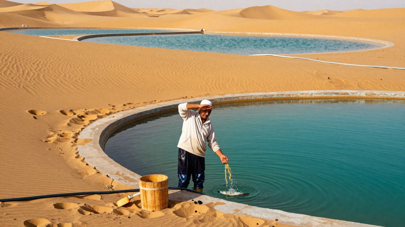 Homem regando plantas em grandes lagos circulares no deserto de areia dourada.