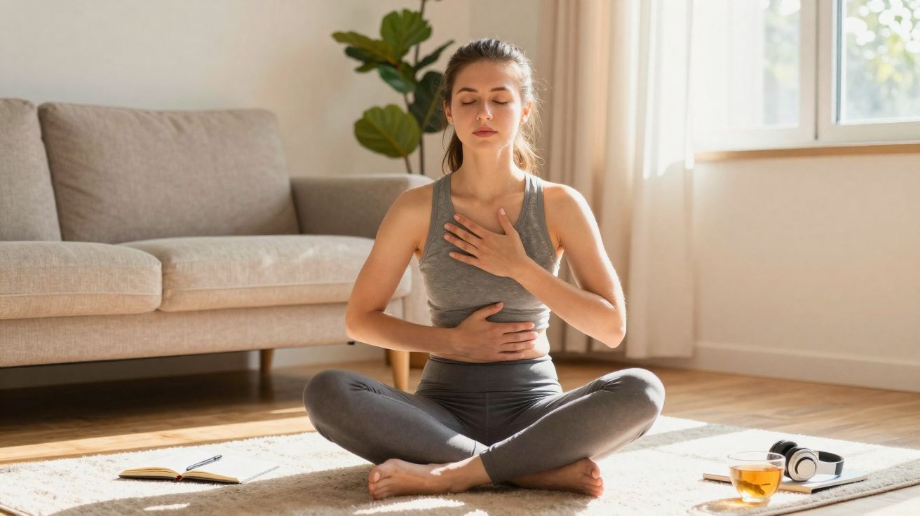 Mulher sentada em posição de lótus meditando e respirando fundo em sala iluminada pelo sol.