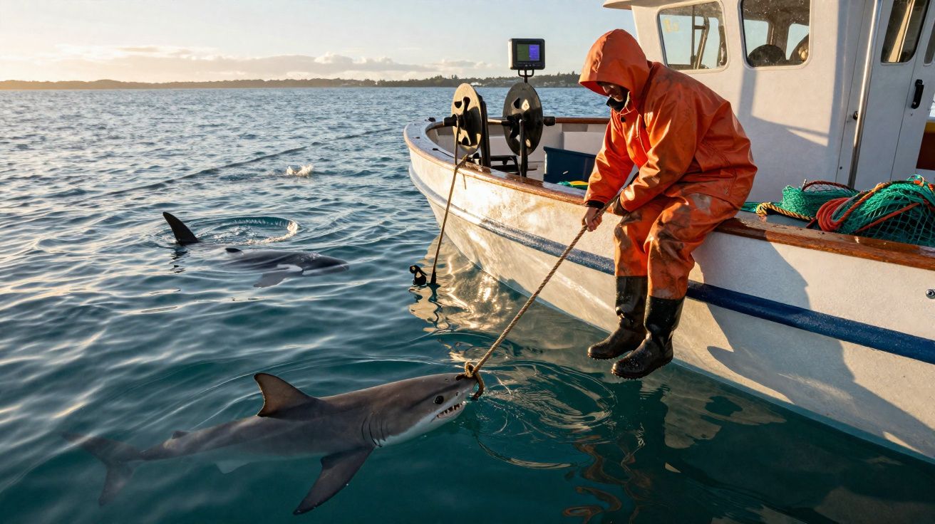 Pesquisador com roupa laranja em barco interage com tubarão próximo à superfície da água ao pôr do sol.