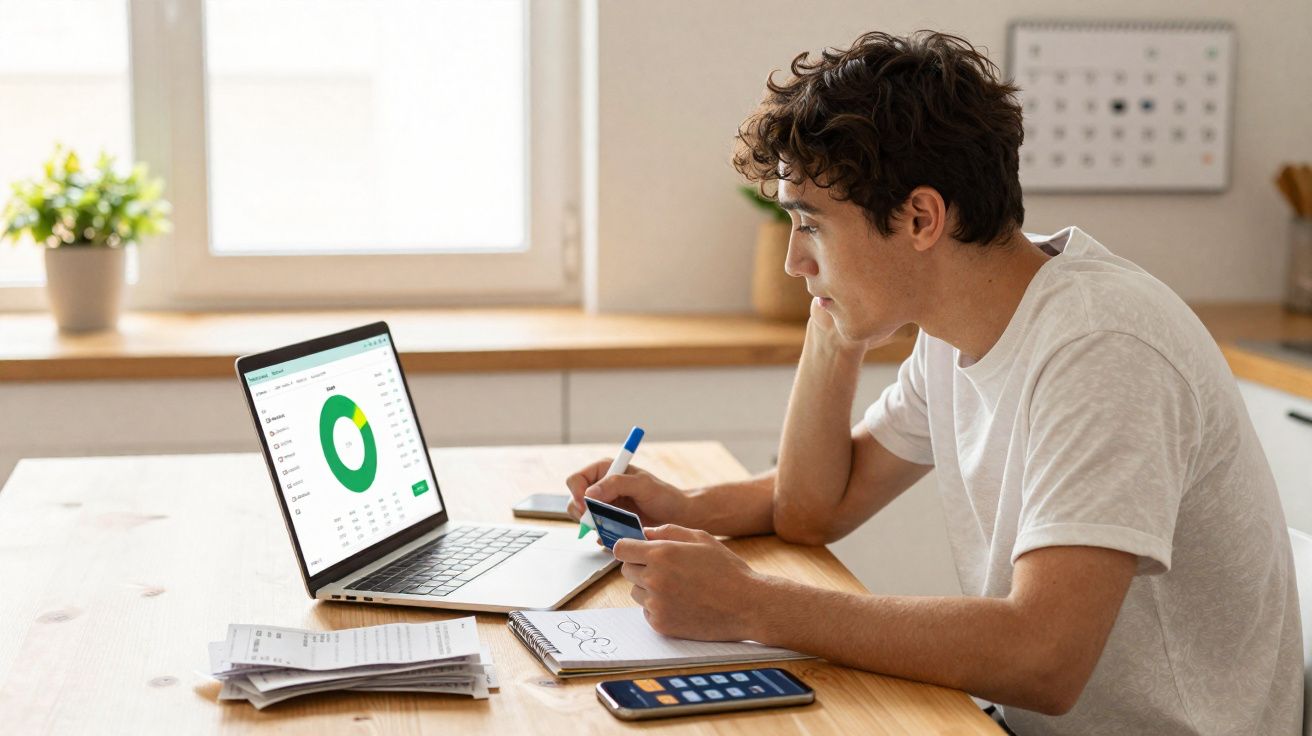 Jovem analisa finanças no laptop, segurando cartão e anotando informações numa cozinha iluminada.