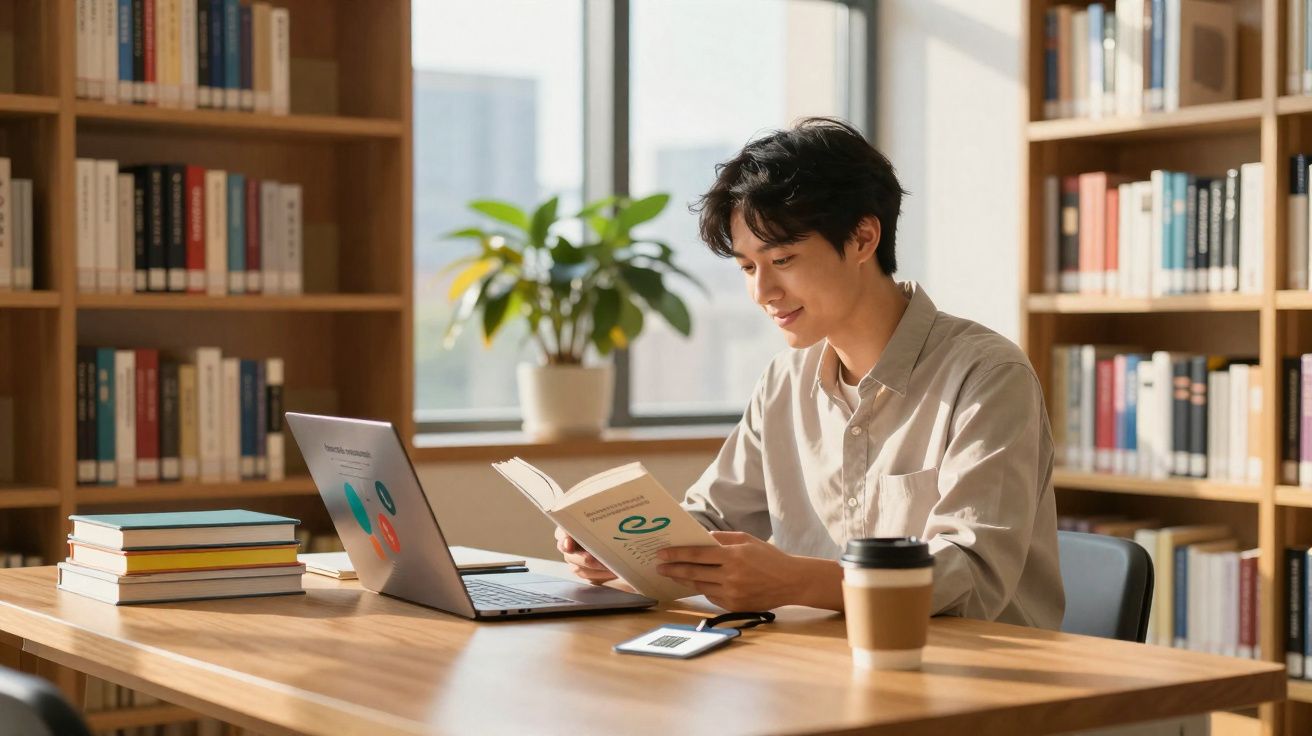 Jovem lendo livro em biblioteca, sentado à mesa com laptop, café e pilha de livros ao lado.