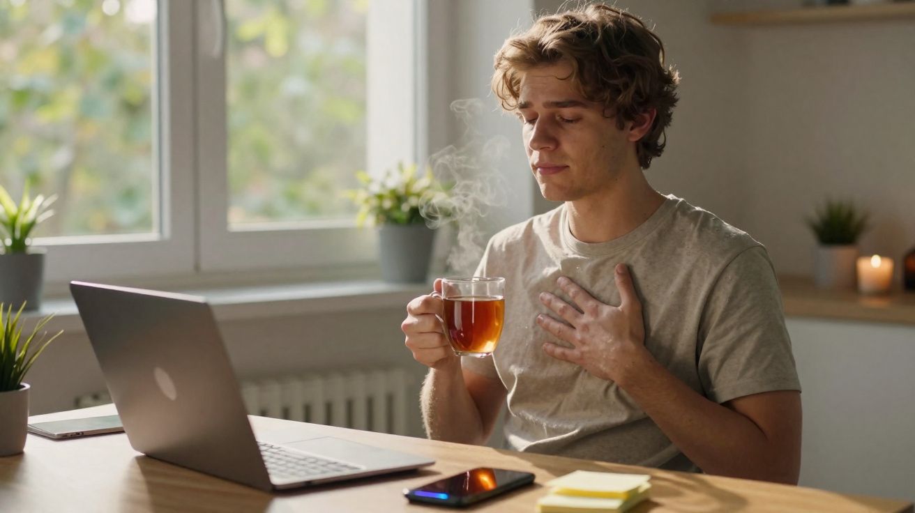 Jovem sentado à mesa com laptop, segurando xícara de chá quente e mão no peito, aparentando desconforto.