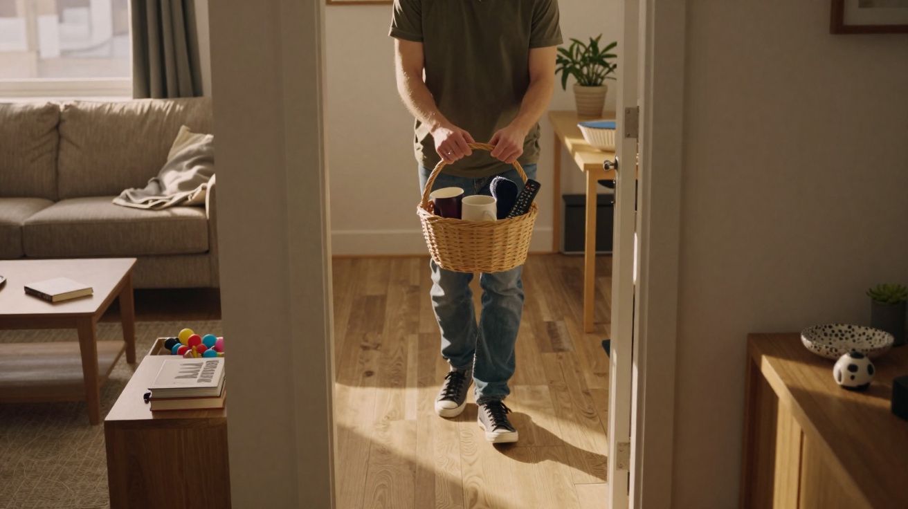 Pessoa caminhando em casa carregando cesta de vime com objetos domésticos e controles remotos.