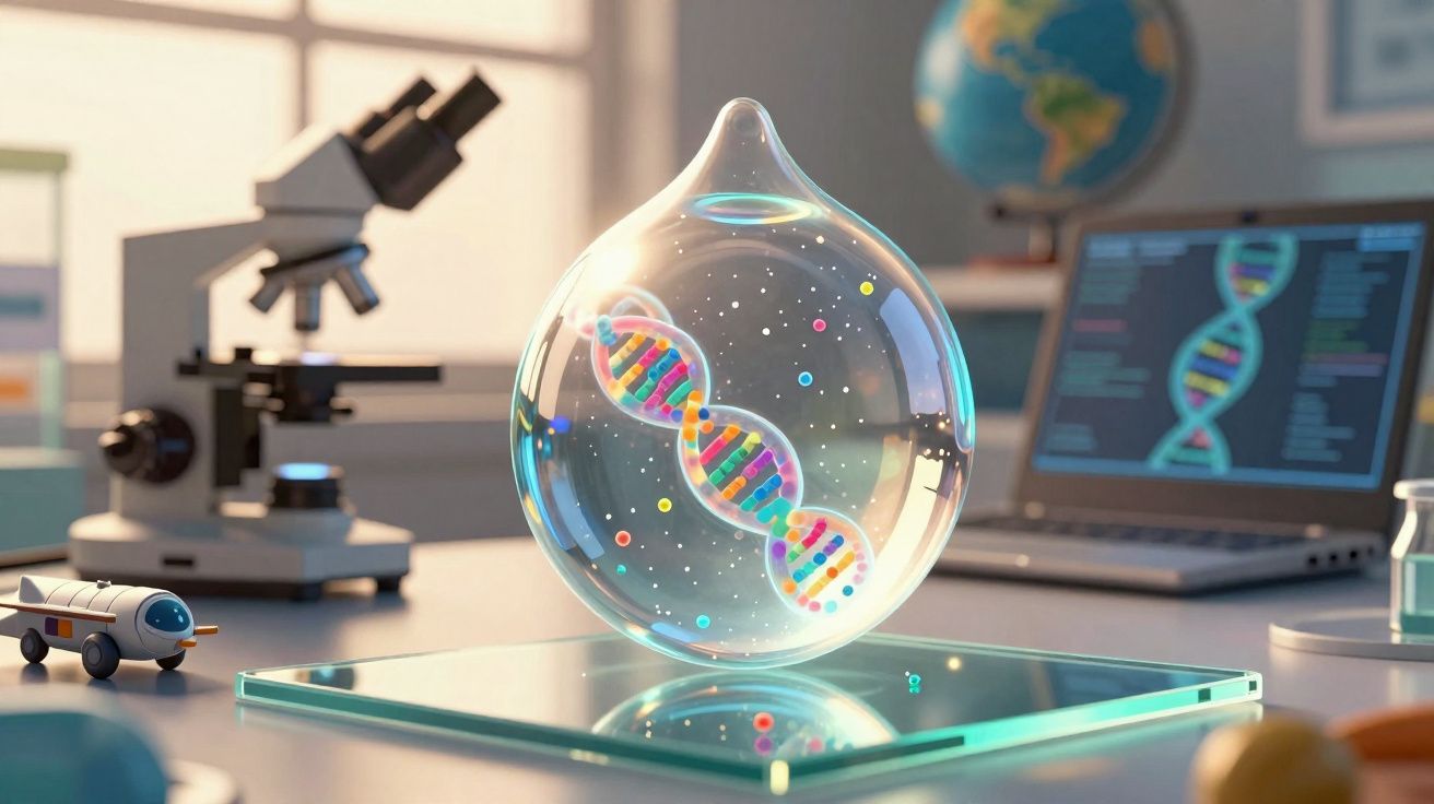 Molécula de DNA dentro de uma gota transparente em laboratório com microscópio e notebook ao fundo.