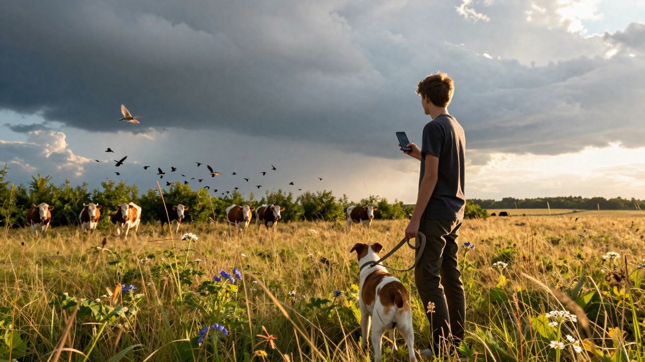 Jovem com cachorro observa vacas e pássaros em campo sob céu nublado ao entardecer.