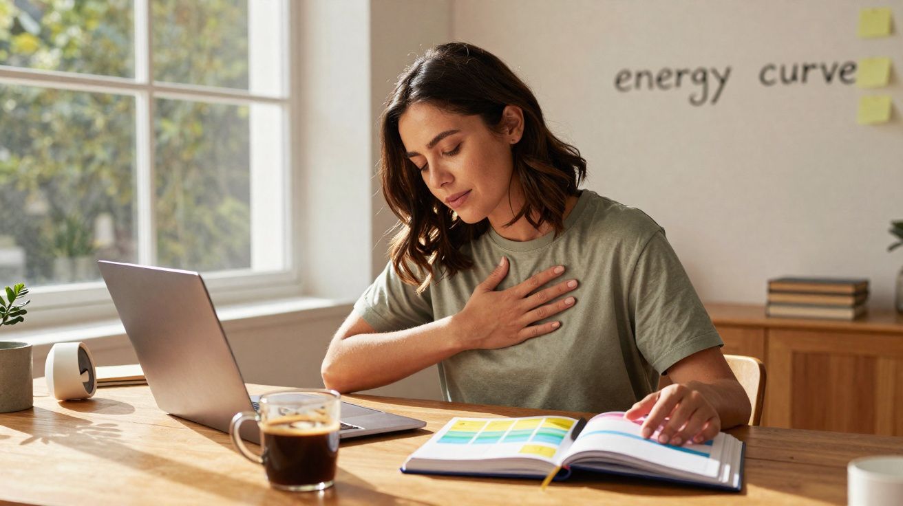 Mulher sentada em mesa com laptop, segurando o peito e olhando para livro de cores.