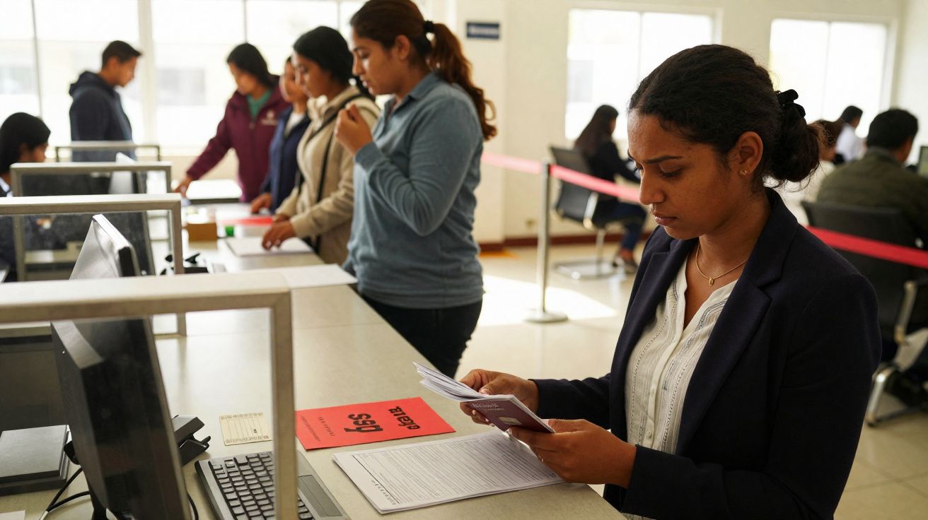 Mulher revisa documentos em balcão de atendimento com outras pessoas na fila ao fundo.