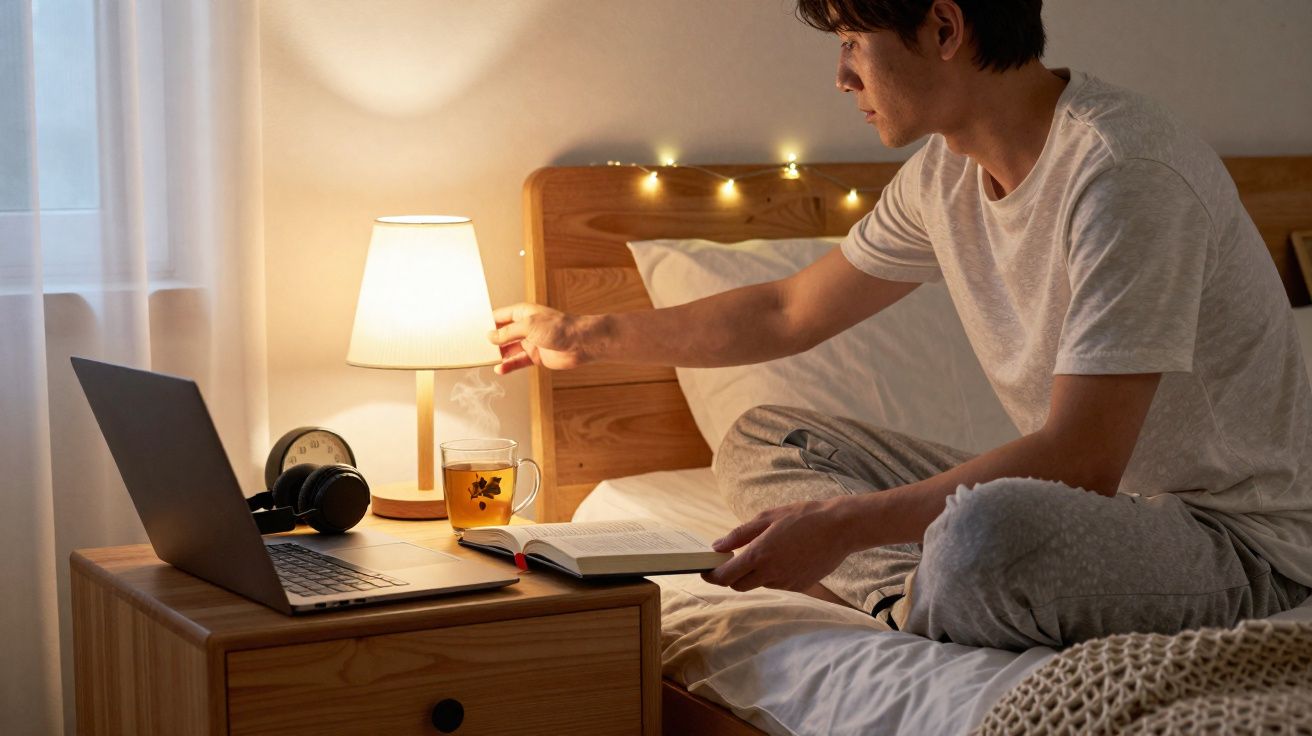 Pessoa sentada na cama lendo um livro, acendendo abajur ao lado de notebook e xícara de chá.