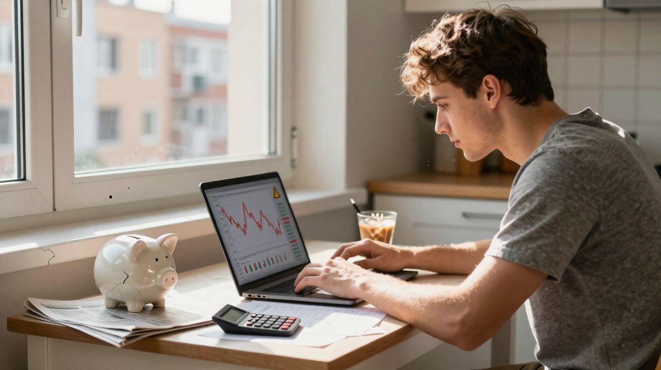 Jovem sentado à mesa analisando gráficos financeiros no laptop, com calculadora, porquinho e café ao lado.