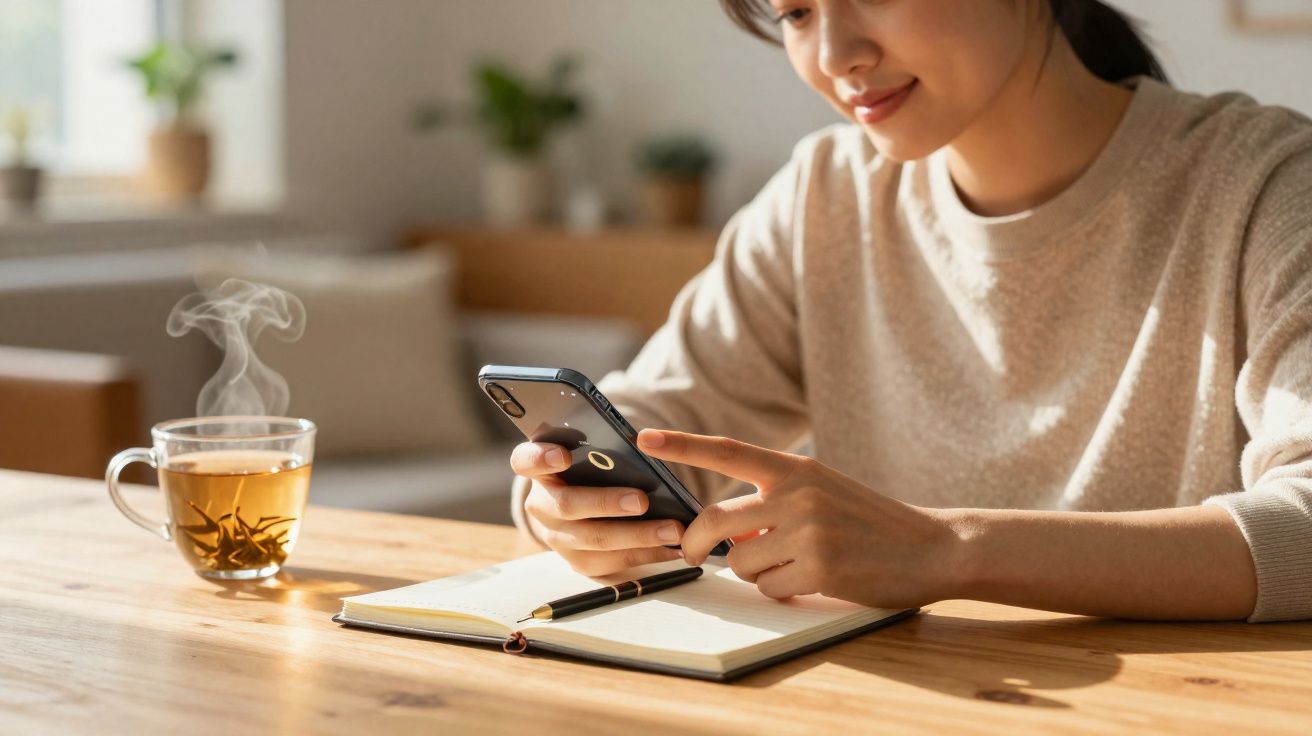 Mulher usando smartphone enquanto está sentada à mesa com caderno aberto e xícara de chá quente.