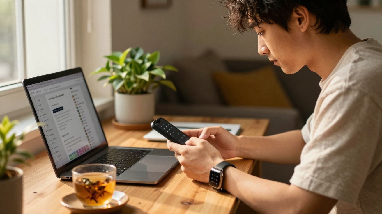 Jovem sentado à mesa, usando celular com notebook aberto, plantas e xícara de chá ao redor.