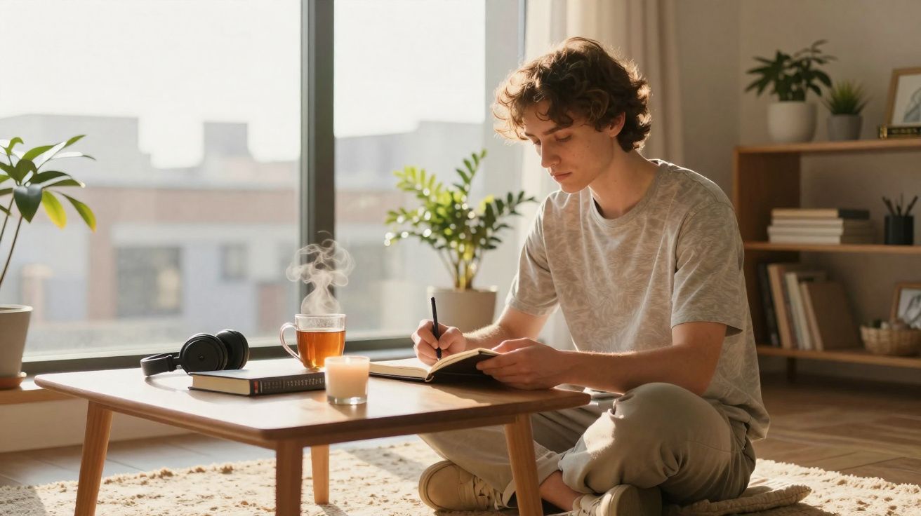 Jovem sentado no chão escrevendo em caderno, com mesa baixa, chá e ambiente iluminado pela janela.