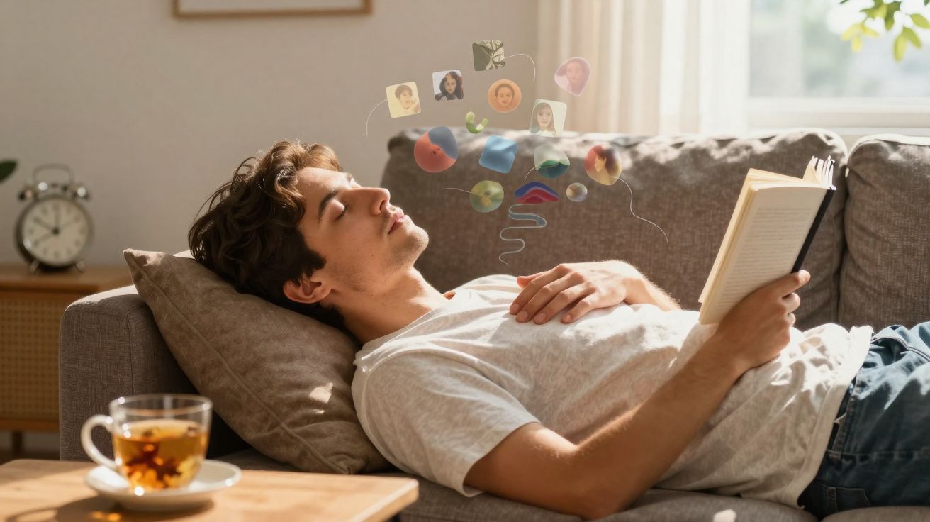 Homem deitado no sofá com livro, olhos fechados, imagens flutuam indicando pensamento ou memória.