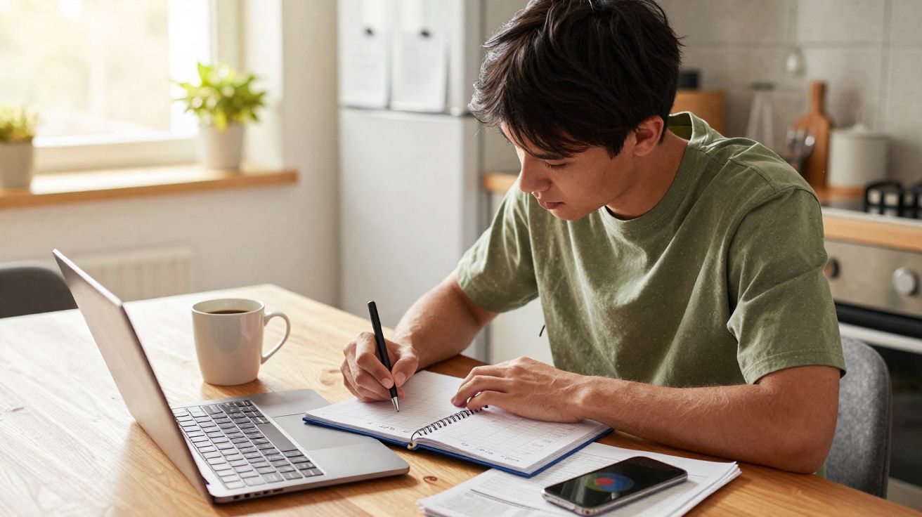 Jovem sentado à mesa escrevendo em caderno, com laptop aberto, celular e caneca de café à sua frente.