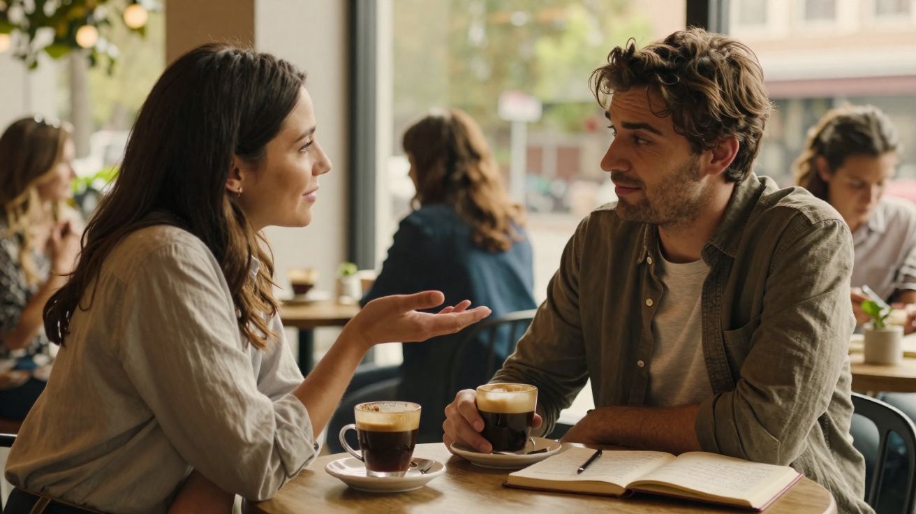 Casal conversando em café com xícaras de café e caderno aberto sobre a mesa.