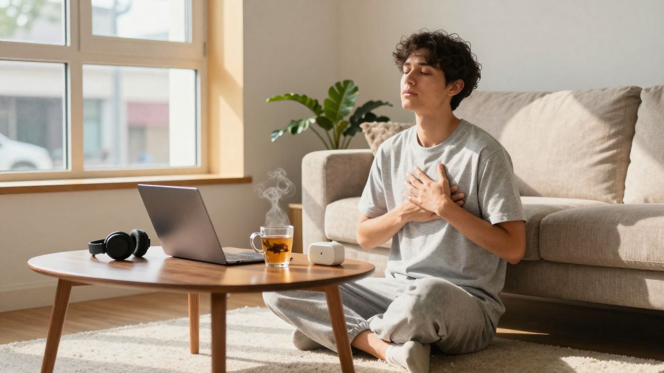 Jovem sentado no chão da sala com as mãos no peito, em posição de meditação perto de mesa com laptop e chá.