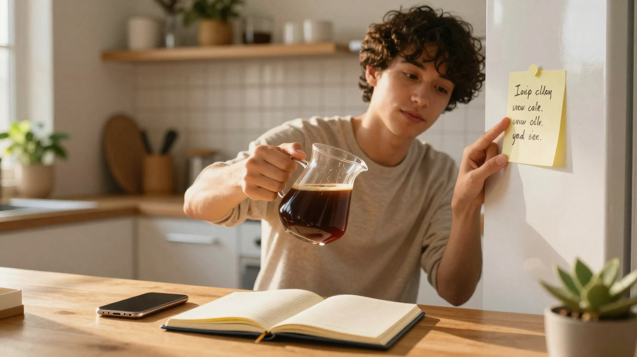 Jovem com cabelo cacheado segurando bule de café em cozinha enquanto lê recado no armário e estuda.