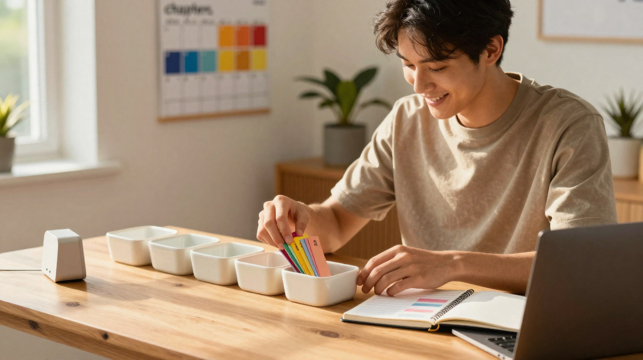 Jovem sorridente organizando cartões coloridos em recipientes, com notebook e caderno em mesa de madeira.