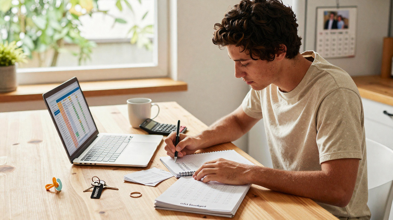 Jovem estudando finanças em casa, escrevendo em caderno com laptop e calculadora à sua frente.