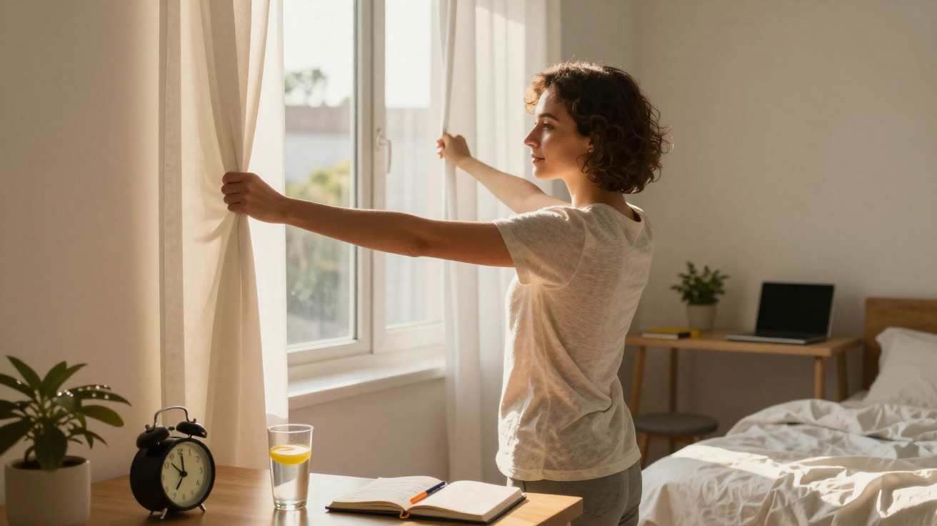Mulher abrindo cortina em quarto com mesa, planta, copo de água com limão e relógio despertador preto.