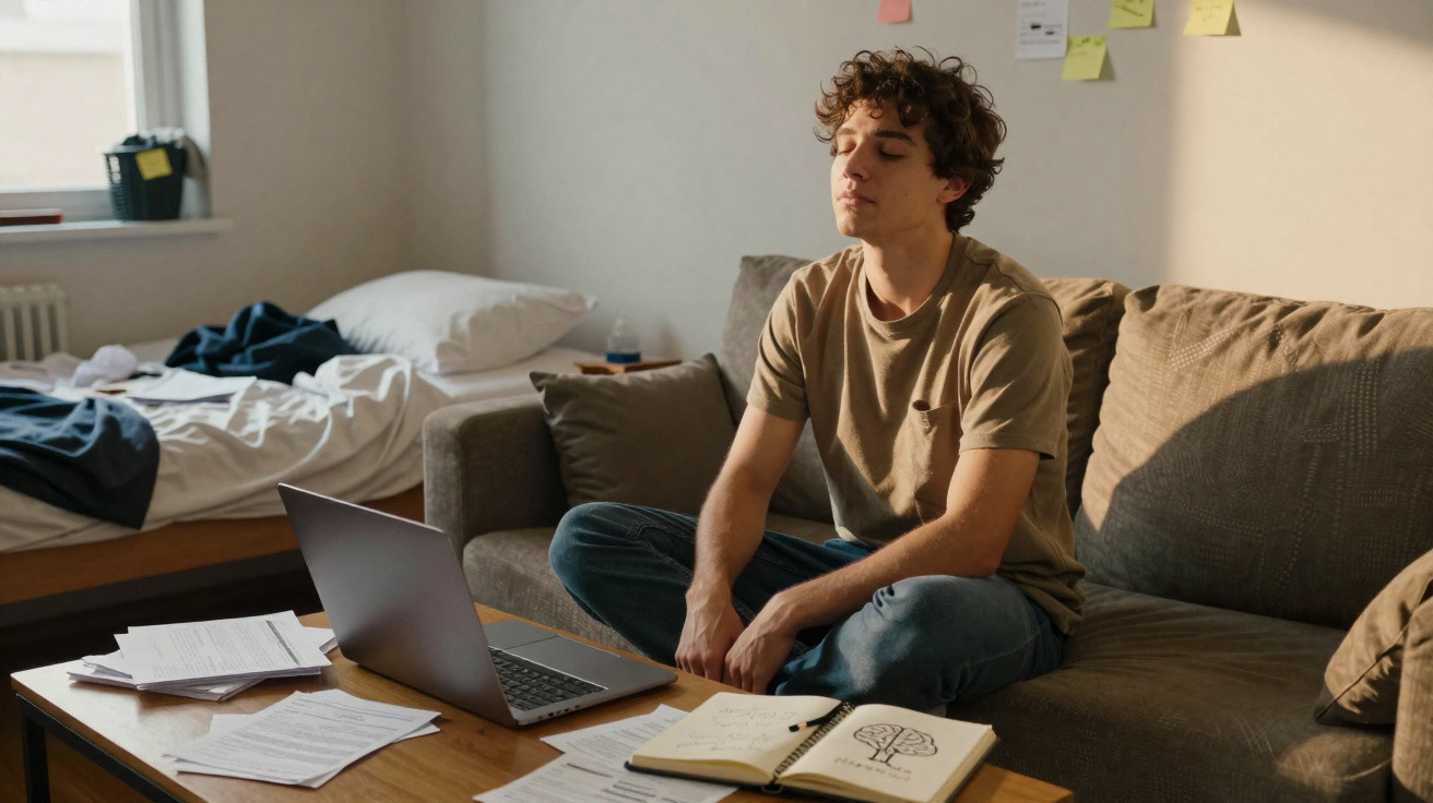 Jovem sentado no sofá com olhos fechados, laptop e caderno em mesa, quarto ao fundo.