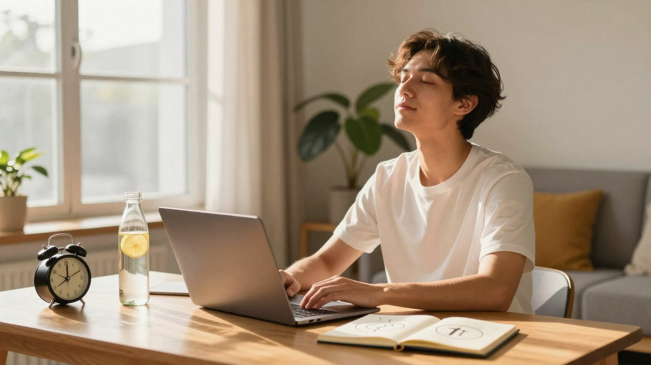 Jovem sentado em mesa com notebook, garrafa de água e livro, desfrutando de momento de relaxamento.