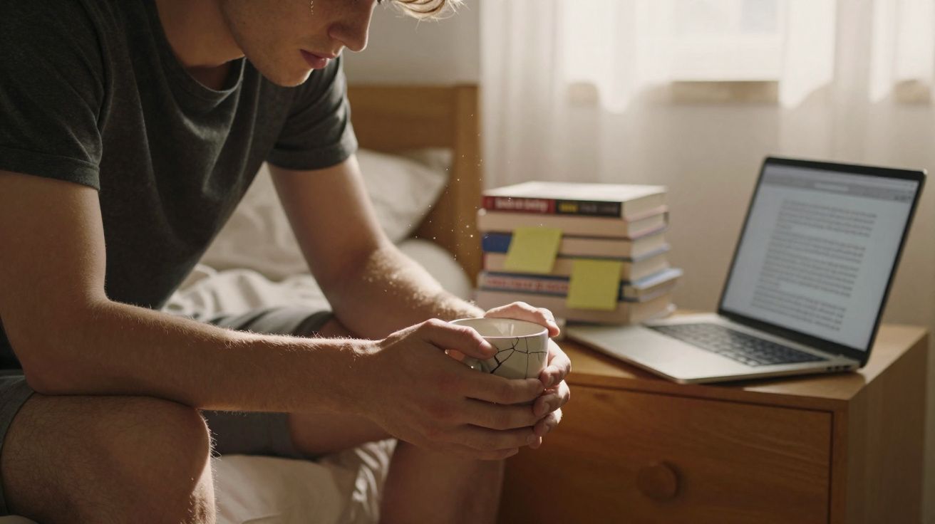 Jovem sentado na cama segurando uma caneca, com computador e livros sobre mesa ao lado iluminados pela luz natural.