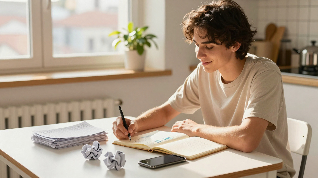 Jovem sentado à mesa escrevendo em caderno com papéis e celular sobre a mesa em ambiente iluminado.